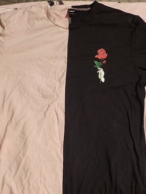 SHEIN Black & Light Pink Half-and-Half Tee with Rose Graphic